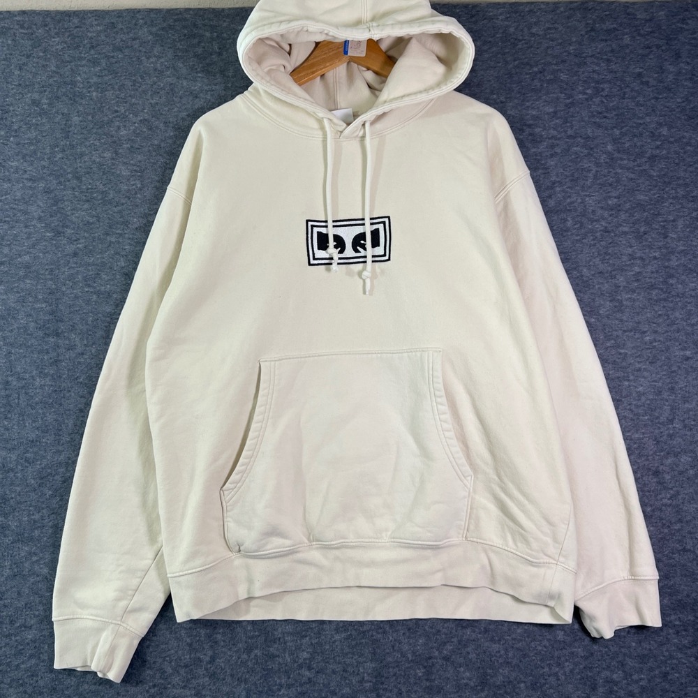 Obey Logo Hoodie Cream Off-White Mens XL Streetwear Skater‎ Pullover